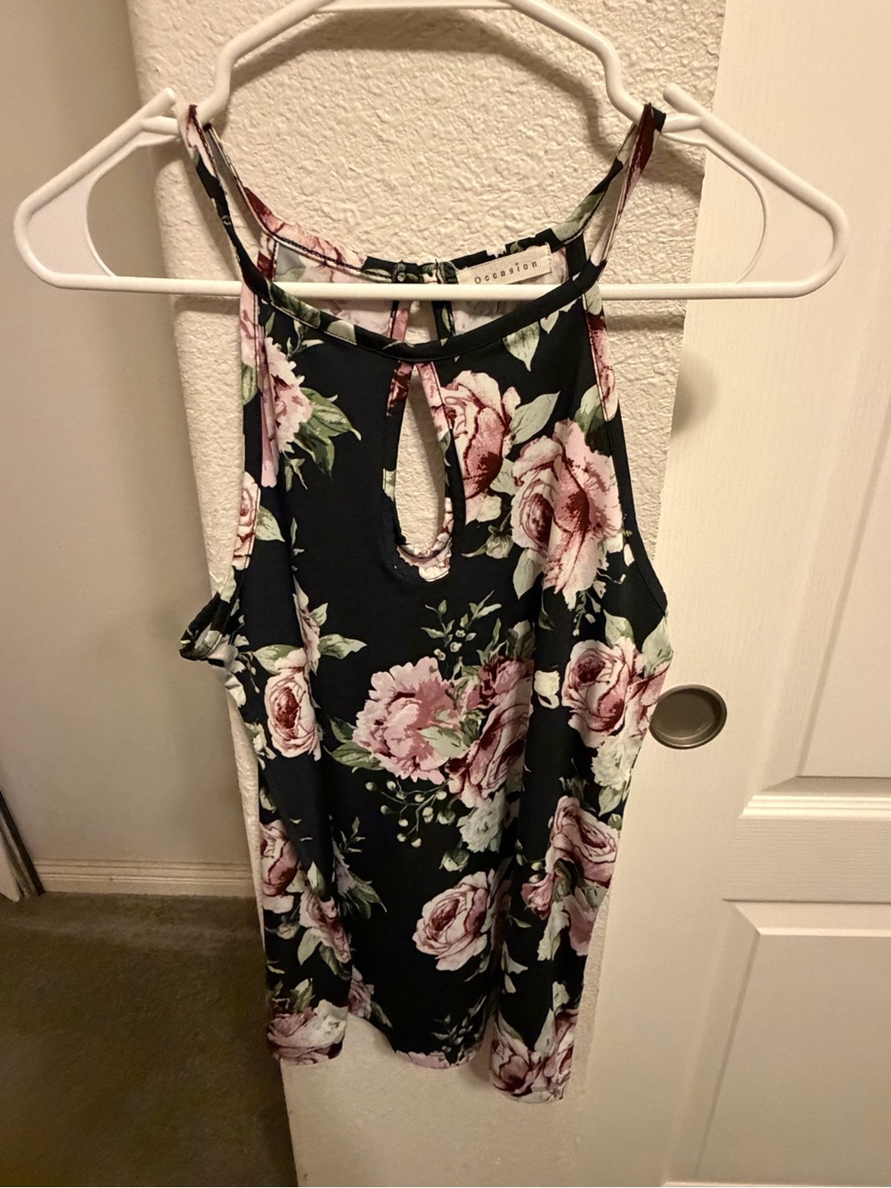 Occasion Black Floral Halter Tank with Pink Roses